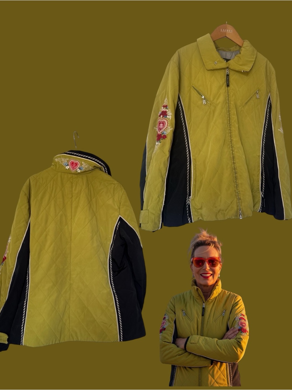 Bogner Yellow Quilted Ski Jacket with Embroidered Sleeves